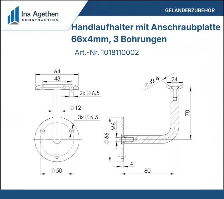 Technische Zeichnung Edelstahl Handlaufhalter mit Anschraubplatte 42,4mm V2A, 66x4mm, 3 Bohrungen