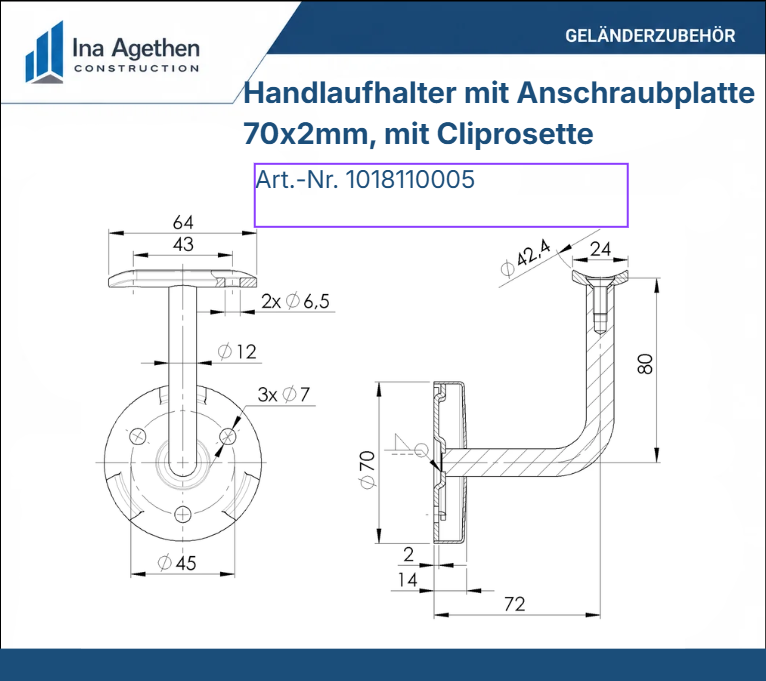 Technische Zeichnung Edelstahl Handlaufhalter mit Anschraubplatte 42,4mm und Cliprosette V2A, 70x2mm, 3 Bohrungen