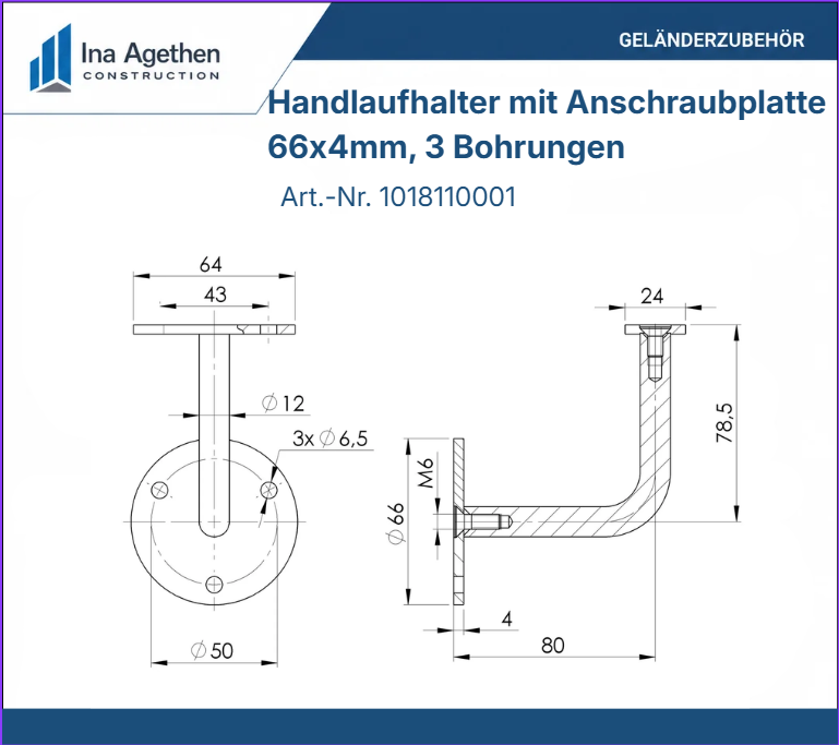 Technische Zeichnung Edelstahl Handlaufhalter mit Anschraubplatte flach V2A, 66x4mm, 3 Bohrungen
