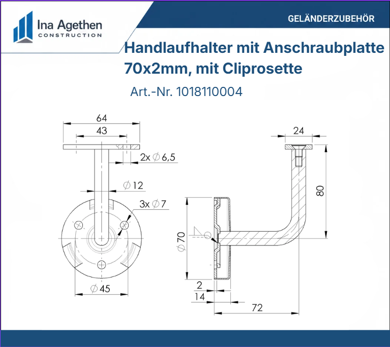 Technische Zeichnung Edelstahl Handlaufhalter mit Anschraubplatte flach und Cliprosette V2A, 70x2mm, 3 Bohrungen