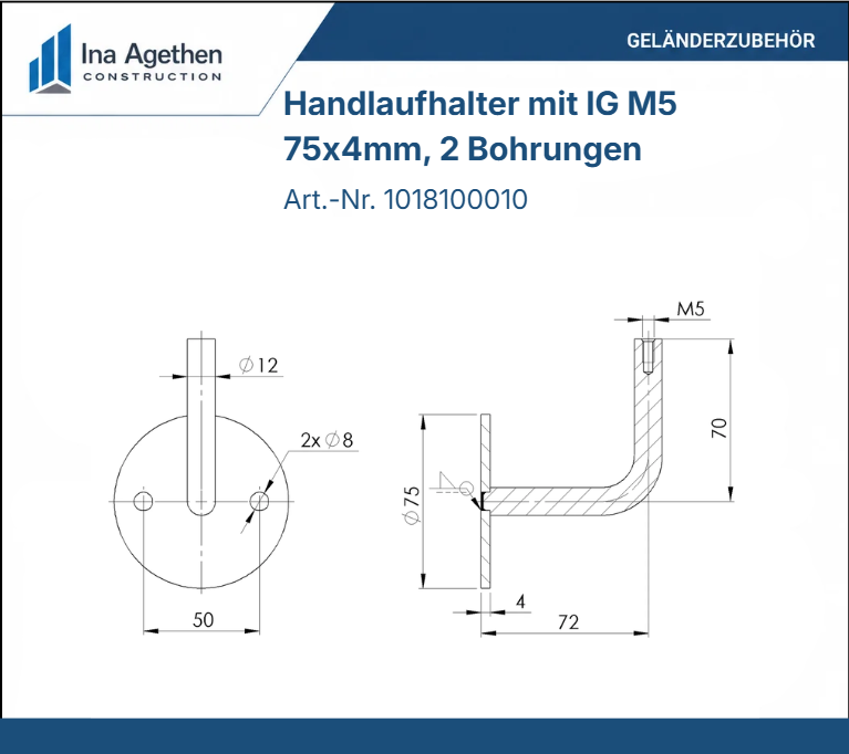 Technische Zeichnung Edelstahl Handlaufhalter mit Innengewinde M5 V2A, 75x4mm, 2 Bohrungen