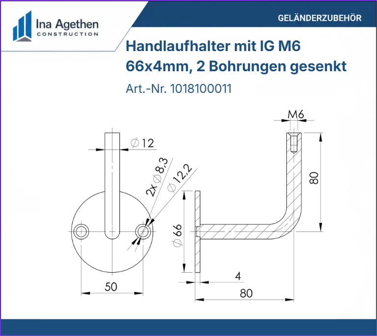Technische Zeichnung Edelstahl Handlaufhalter mit Innengewinde M6 V2A, 66x4mm, 2 Bohrungen gesenkt