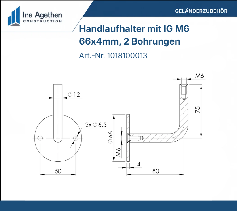 Ansicht Edelstahl Handlaufhalter mit Innengewinde M6 V2A, 66x4mm, 2 Bohrungen