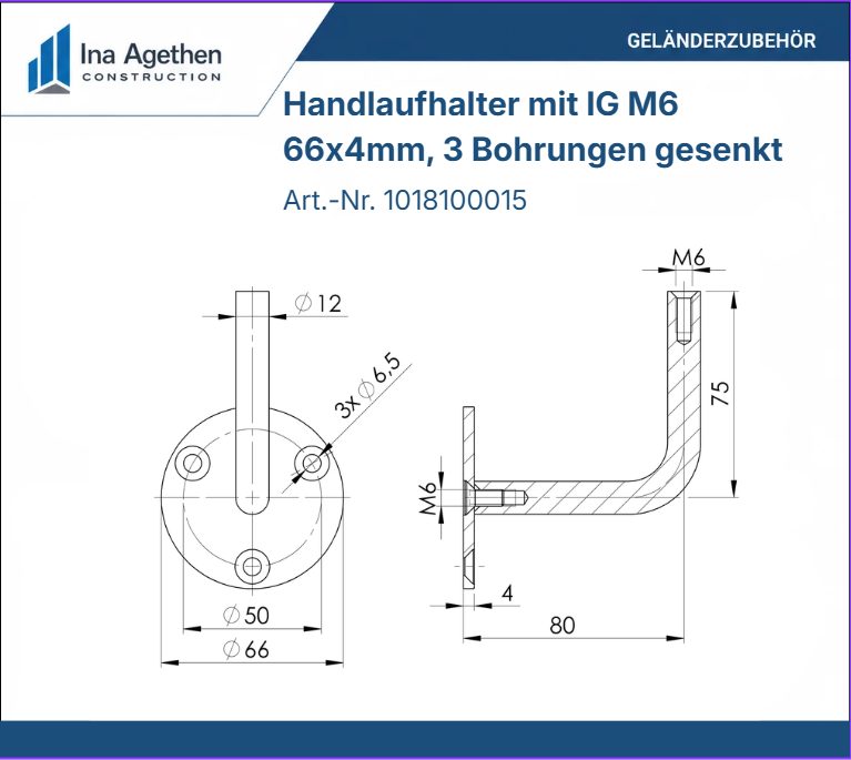Technische Zeichnung Edelstahl Handlaufhalter mit Innengewinde M6 V2A, 66x4mm, 3 Bohrungen gesenkt