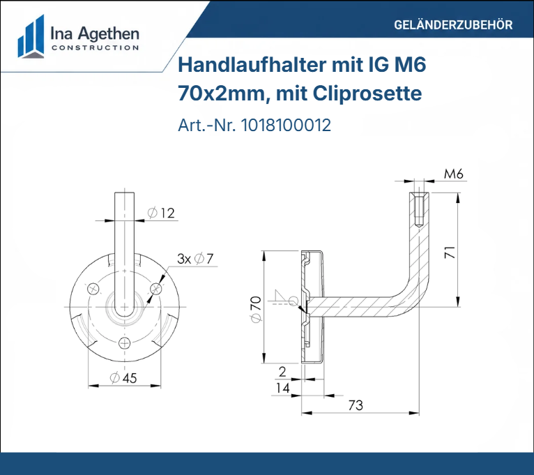 Technische Zeichnung Edelstahl Handlaufhalter mit Innengewinde M6 und Cliprosette V2A, 70x2mm, 3 Bohrungen