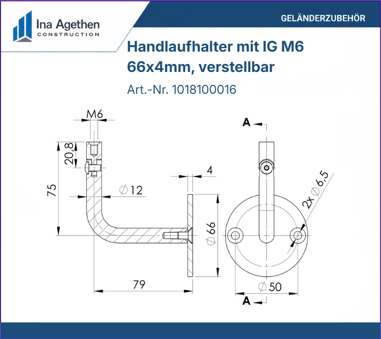 Technische Zeichnung Edelstahl Handlaufhalter verstellbar mit Innengewinde M6 V2A, 66x4mm, 2 Bohrungen gesenkt