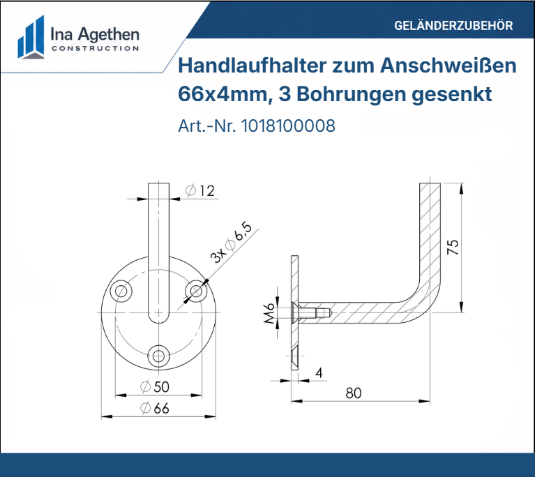 Technische Zeichnung Edelstahl Handlaufhalter zum Anschweißen V2A, 66x4mm, 3 Bohrungen gesenkt