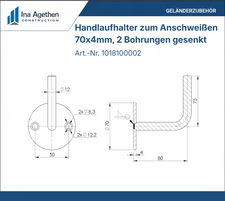 Technische Zeichnung Edelstahl Handlaufhalter zum Anschweißen V2A, 70x4mm, 2 Bohrungen gesenkt