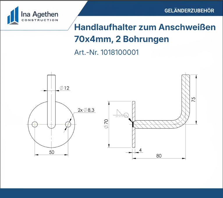 Technische Zeichnung Edelstahl Handlaufhalter zum Anschweißen V2A, 70x4mm, 2 Bohrungen