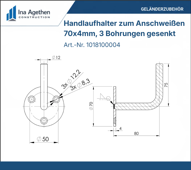 Technische Zeichnung Edelstahl Handlaufhalter zum Anschweißen V2A, 70x4mm, 3 Bohrungen gesenkt