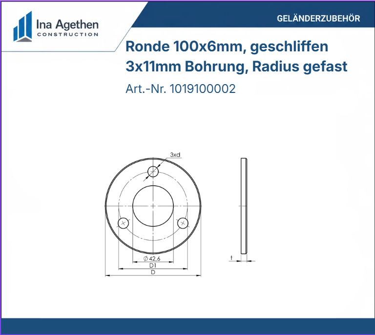 Edelstahl Ronde V2A 100x6mm für Rohr 42,4mm 3 Loch