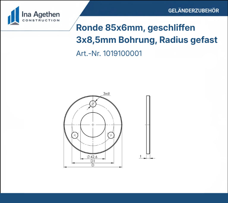 Edelstahl Ronde V2A 85x6mm für Rohr 42,4mm 3 Loch