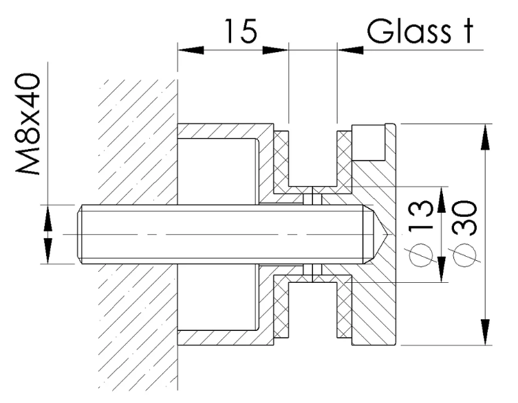 Glaspunkthalter V2A 30mm, Anschluss flach