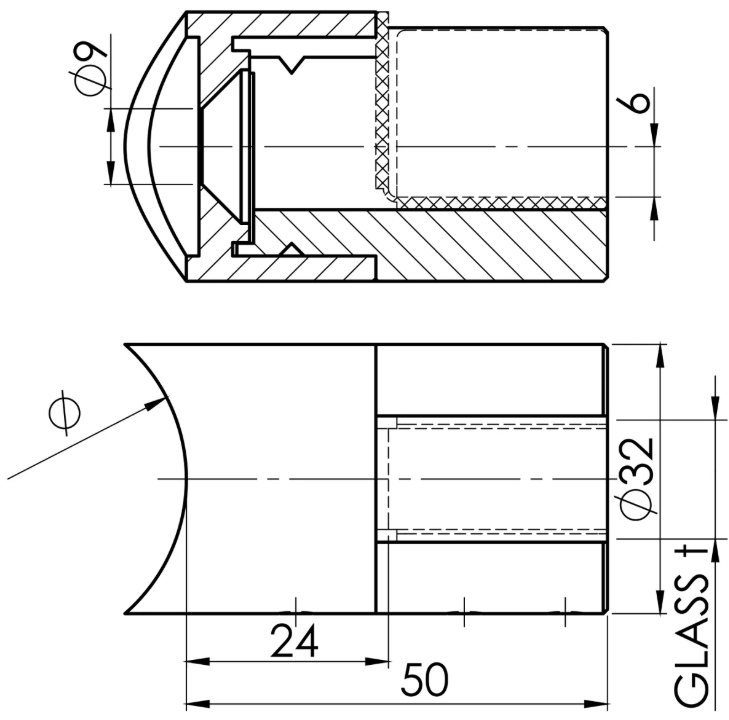 Glashalter V4A Anschluss 42,4mm, Ausführung rechts
